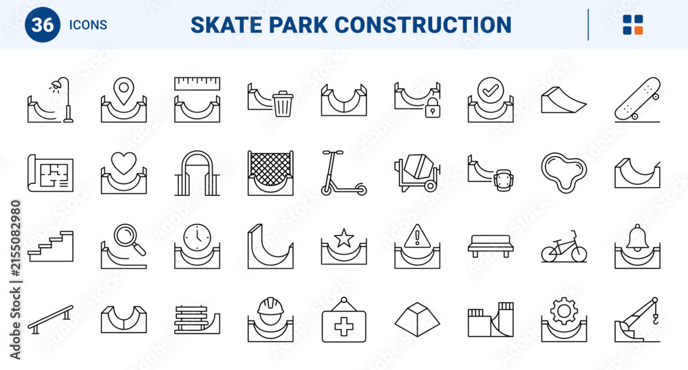 Fototapeta premium Skate Park Building Web Icon Set in Linear Style. Collection of Skate Park Construction line icons, including quarterpipe ramp, grind rail, bowl pool, safety helmet, blueprint plan and more.