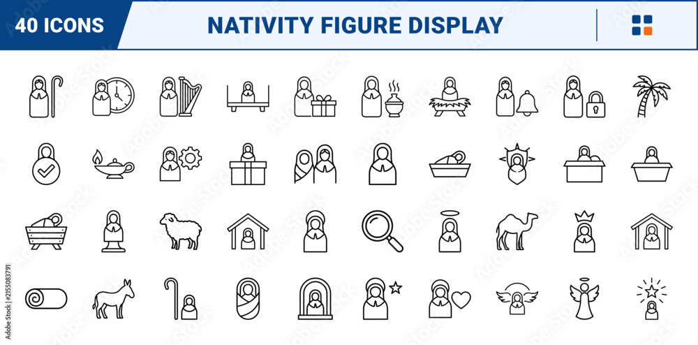 Obraz premium Nativity Figure Nativity Scene Web Icon Set in Linear Style. Collection of nativity display line icons, including holy baby, stable gable, manger cradle, star ray, sheep figure, gift chest and more.