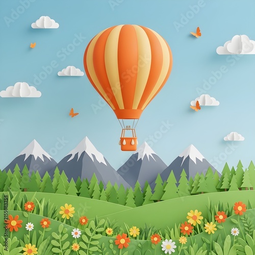 Colorful paper-cut hot air balloon ascends over a detailed pop-up landscape with flowers and mountains.