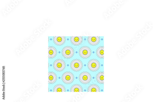 Seamless pattern with cartoon chamomiles like polka dot on blue background