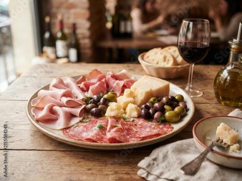 A gourmet appetizer platter featuring assorted cold cuts, sliced cured meats, various olives, and wedges of hard cheese served on a rustic wooden table with red wine and bread.