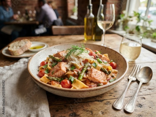 A gourmet bowl of pasta with seared salmon, asparagus, and cherry tomatoes topped with parmesan cheese, served on a rustic wooden table in a restaurant setting with wine.