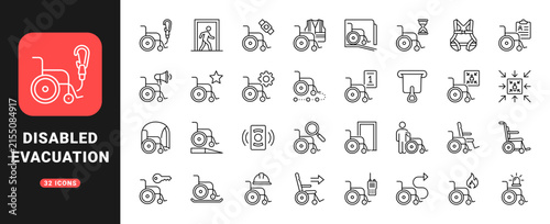 Personal Evacuation Planning Web Icon Set in Linear Style. Collection of Mobility Rescue line icons, including wheelchair exit, route tracking, rescue chair, ramp access, safety harness and more.