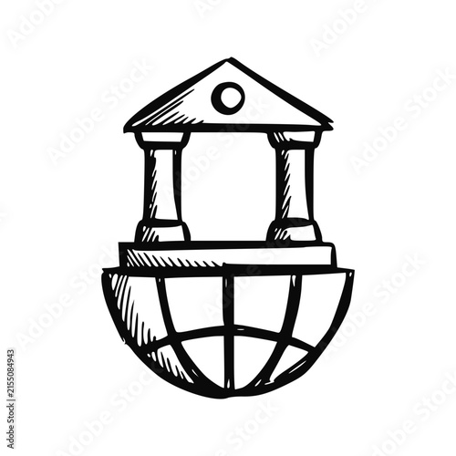 Handdrawn Globe With Bank Building Icon Doodle