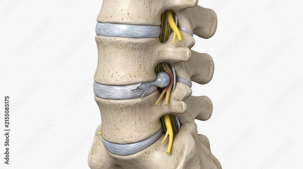 Obraz premium Herniated Disc Medical Illustration Showing Spinal Disc Compression and Nerve Root Pressure