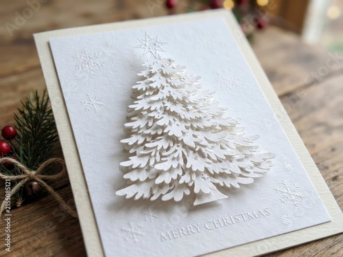A handmade greeting card featuring a three-dimensional layered paper cutout of a pine tree on a white background with embossed snowflakes, placed on a rustic wooden table.