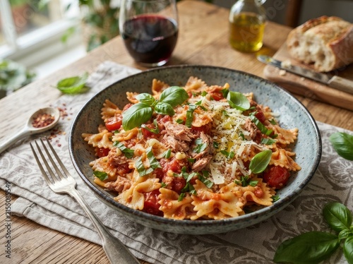 A high-angle close-up shot of a bowl of farfalle pasta with tuna, cherry tomatoes, and fresh basil leaves, served with red wine and bread on a rustic wooden table.