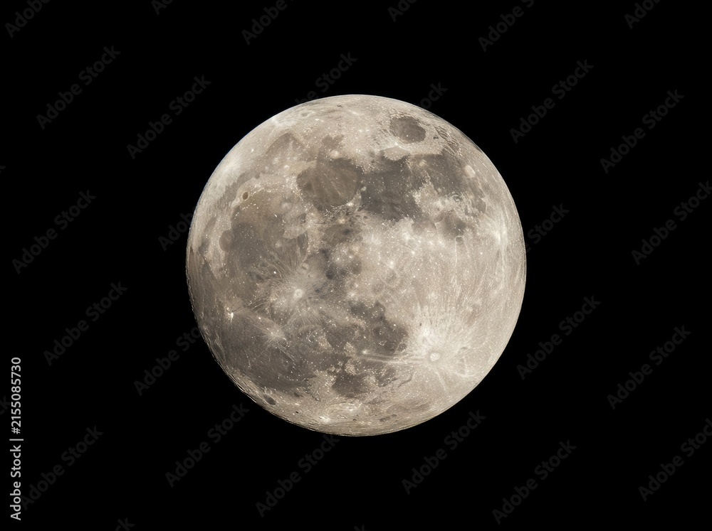Fototapeta premium A high-detail, telephoto capture of a full moon centered against a deep black background, showcasing craters, lunar maria, and surface texture.