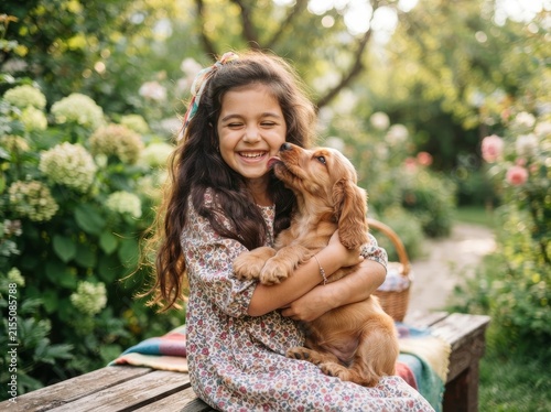 A joyful young girl in a floral dress sitting on a wooden bench in a lush garden, laughing as a playful golden spaniel puppy licks her cheek, captured in natural sunset lighting.