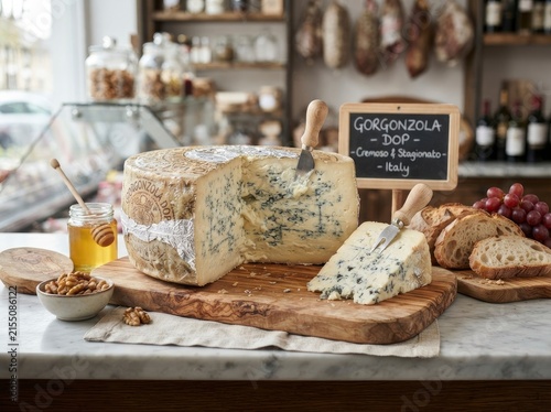 A large wheel of blue-veined cheese with a wedge cut out, displayed on a wooden board with honey, walnuts, and sliced bread in a specialty food shop setting.