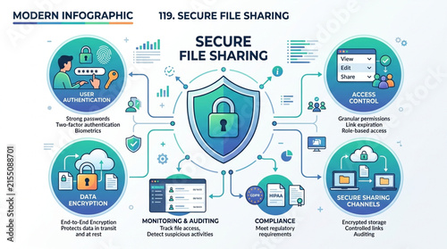 Modern Secure File Sharing Infographic with Data Encryption and Cybersecurity Concepts