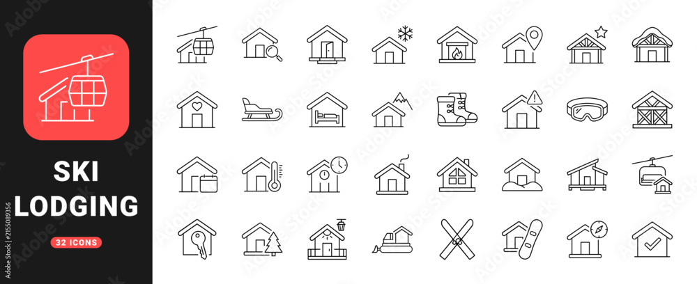 Fototapeta premium Ski Lodge Winter Resort Web Icon Set in Linear Style. Collection of Alpine Cabin line icons, including ski lodge, pine tree, skis, mountain, cable car, room key, fireplace, snowflake and more.