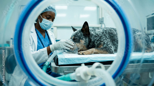 Veterinarian administering oxygen to a sedated Australian Cattle Dog with an oxygen mask on a surgical table in a veterinary clinic