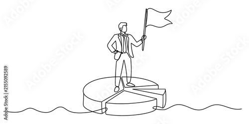 Businessman standing on a pie chart holding a flag, continuous one line drawing art