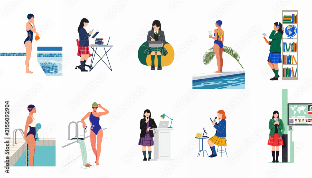 Fototapeta premium Flat vector illustration set of teenage girls in various daily activities, including studying, swimming, and using technology in diverse settings.