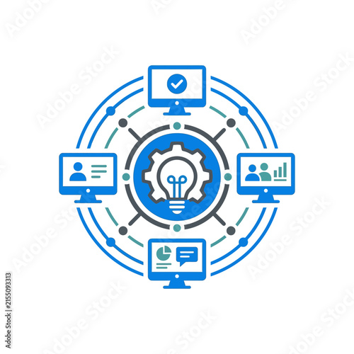 A digital illustration showing a central idea with connected screens