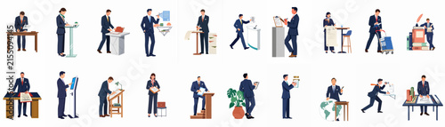 Bild auf Leinwand Professional business people illustration set featuring office workers at desks, making presentations, and collaborating in various workplace scenarios