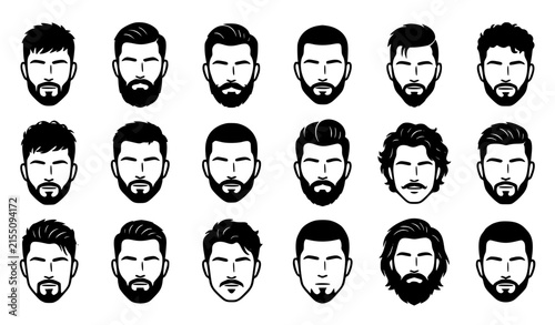 Men's Hairstyles and Beard Styles Vector Collection with Modern Haircuts and Facial Hair Silhouettes