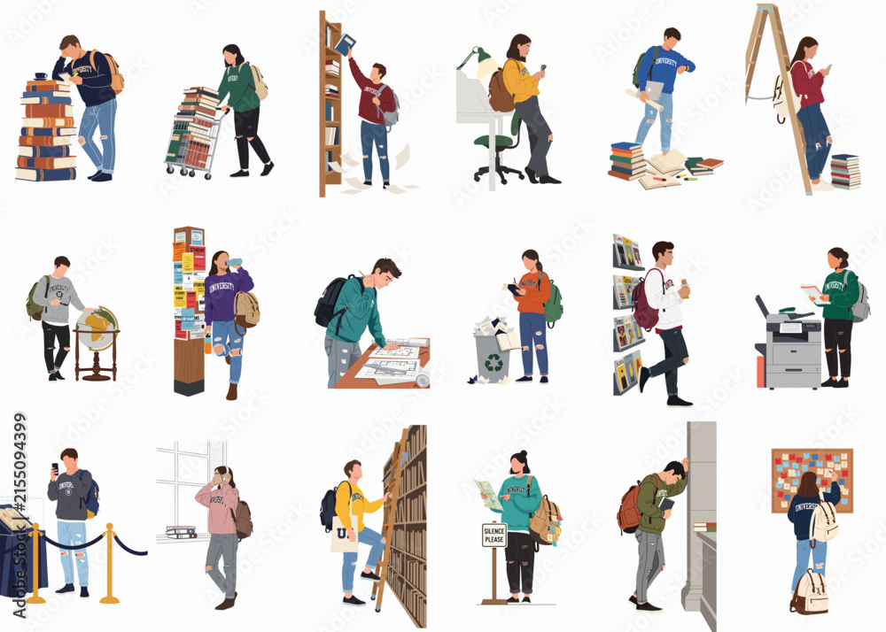Fototapeta premium Collection of diverse university student illustrations engaged in academic activities like studying, researching, and using campus facilities in a library or campus setting.