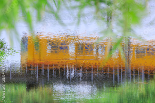 Fototapeta 夏草の中を走る三岐鉄道がその姿を戸上川の水面に映す（上下反転）