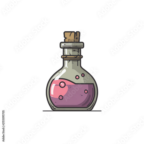 Magic potion bottle with pink liquid and cork stopper, Halloween alchemy poison elixir vector illustration transparent background design