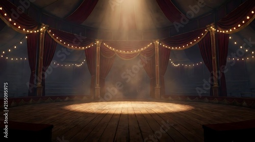 Empty circus stage with red curtain and spotlight