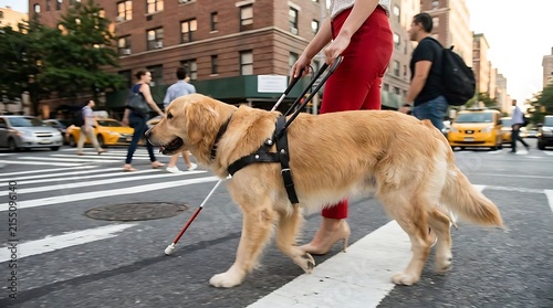 Golden retriever service dog walking on city street