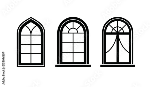 Minimalist vector illustration set featuring three distinct arched windows with decorative glass panes and elegant frame designs in black and white