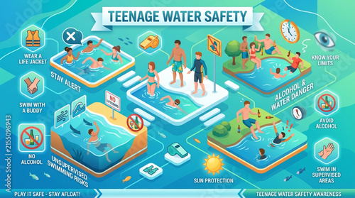Teenage Water Safety Infographic with Isometric Swimming Safety Tips and Drowning Prevention Concept