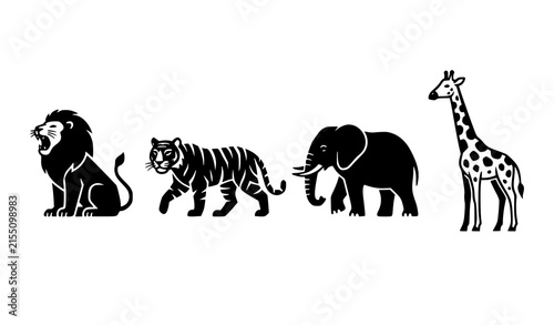 Minimalist black and white lion tiger elephant giraffe animal icon collection vector illustration