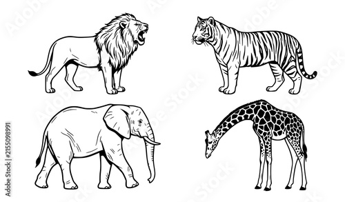 Black and white safari animal vector collection featuring lion tiger elephant and giraffe in elegant poses