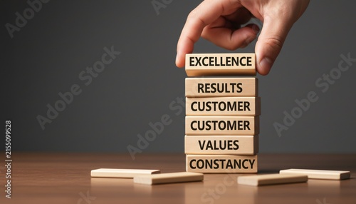 Hand stacking wooden blocks with words like Excellence, Results, Customer, Values, and Constancy to represent business success.