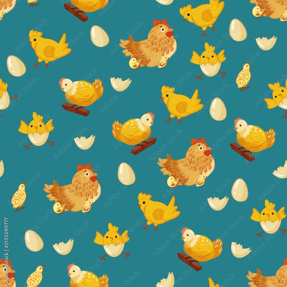 Fototapeta premium Cute Seamless Pattern with Hens, Chickens and Eggs on Teal Background, Hand Drawn Farmhouse Baby Nursery Fabric Design, Easter Surface Pattern