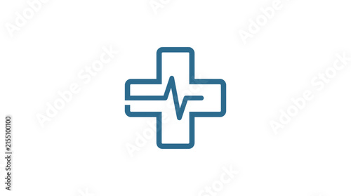 Blue medical cross with heartbeat pulse line.