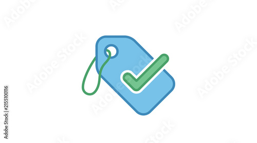 Blue price tag icon with green checkmark symbol.