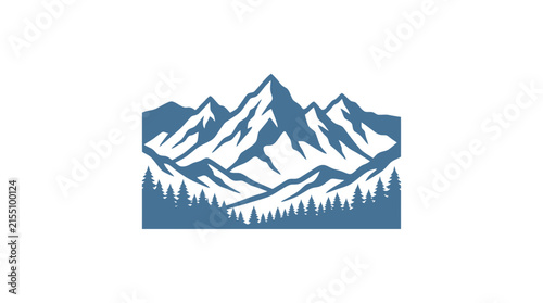 Blue mountain range peaks over pine tree forest.