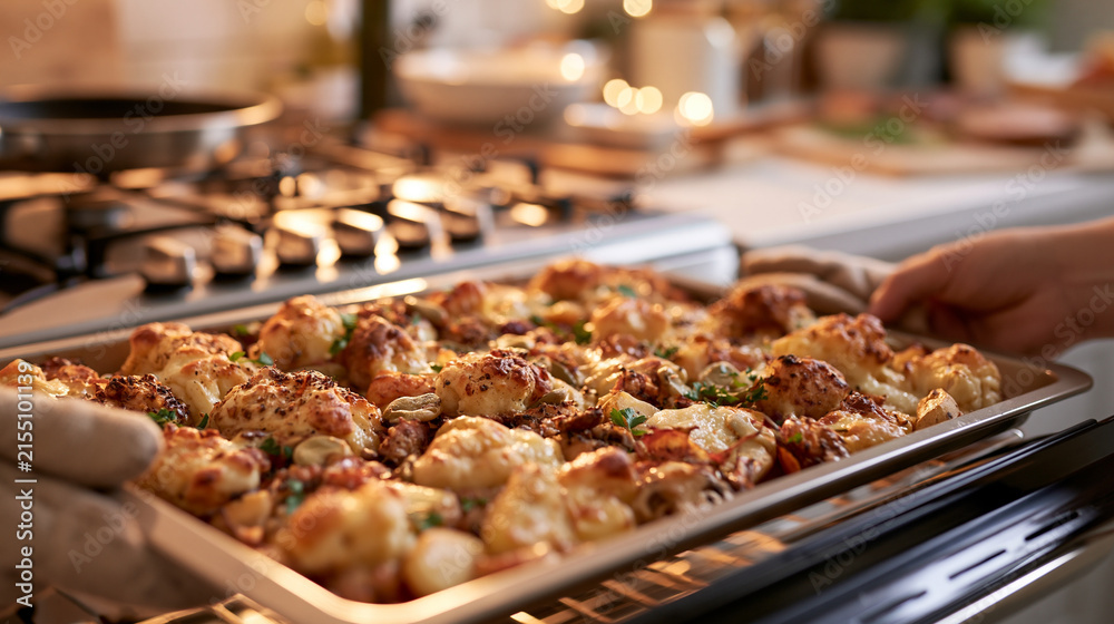 Obraz premium Baked Pizza on Metal Tray Beside Open Oven Door