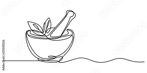 Continuous one line drawing of a mortar and pestle with herbal leaves for natural medical treatment