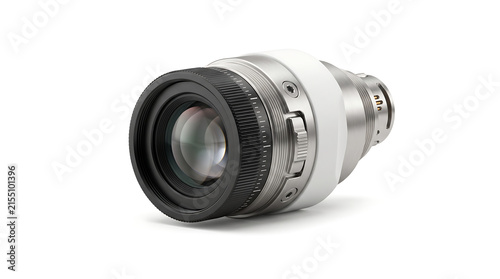 High precision medical optical lens objective or advanced scientific camera imaging component with complex metallic housing for diagnostic equipment isolated on a professional white studio background.