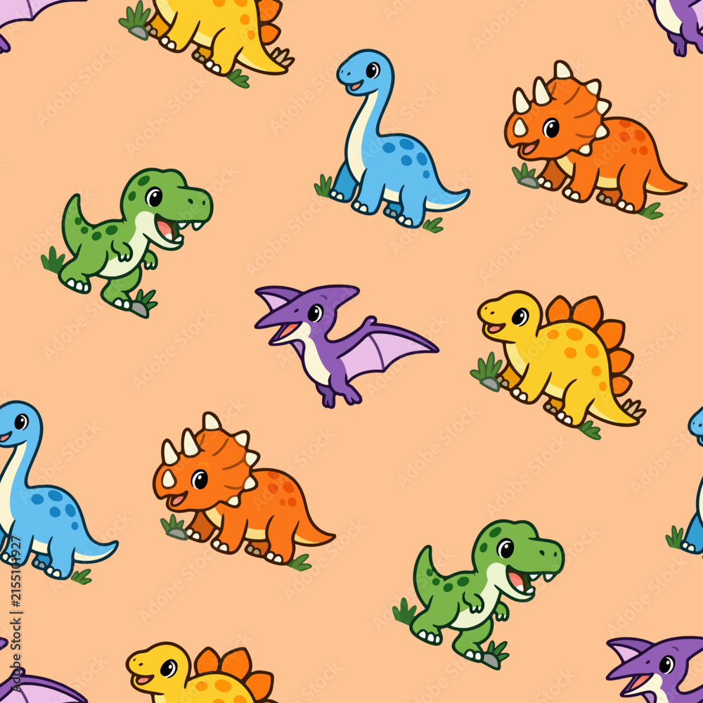 Fototapeta premium Cute Colorful Dinosaur Seamless Pattern Cartoon Background