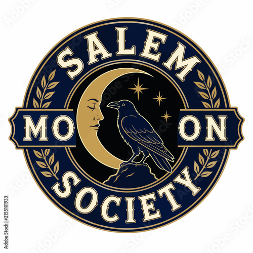 Vintage Salem Moon Society emblem, mystical raven and crescent moon vector logo, occult celestial badge with stars and laurel