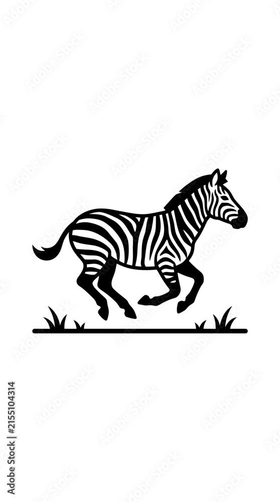 Obraz premium Black and white vector illustration of a running zebra on grass.