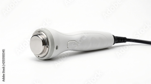  Advanced ultrasound cavitation handpiece designed for professional body contouring and facial skin tightening. Modern medical cosmetic dermatology clinic equipment isolated on a crisp white backgroun
