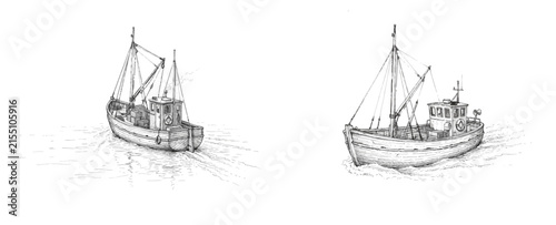Vintage Fishing Boat Sketch Set, Hand Drawn Ink Illustration Of Old Wooden Trawler Ships Floating On Sea, Isolated On White Background