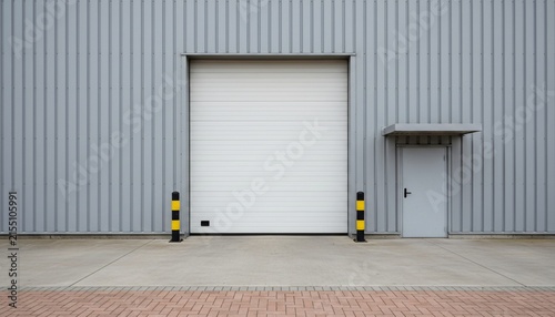 Industrial building with a large roll-up door and a side entrance door.