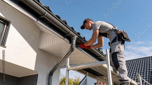 Roofer installing gutter and downspout on house roof edge, home repair, rainwater drainage, exterior maintenance and construction work