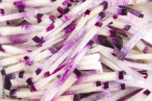 Purple Striped Vegetable Strips - Fresh Daikon Radish or Turnip Julienne Cut for Cooking