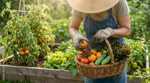 A woman wearing a straw hat and overalls harvesting fresh organic vegetables in a home garden basket