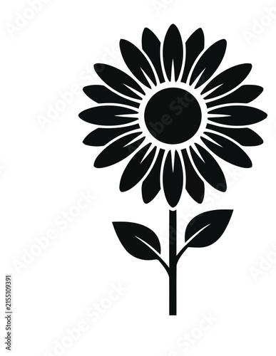 Black sunflower silhouette with stem and leaves.