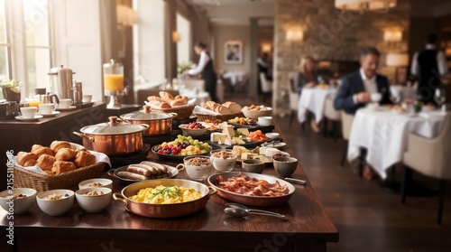 Sumptuous Hotel Breakfast Buffet Spread Featuring Gourmet Hot Dishes and Fresh Pastries in an Elegant Dining Room Setting